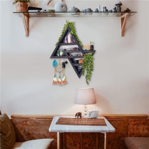 Moon Phase Triangle Shelf with Hooks - Rustic Moon Shelf for Crystals- Black - Picture 5 of 7